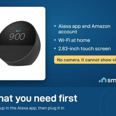 Amazon Echo Spot needs the Alexa app, an Amazon account and Wi-Fi. Its 2.83-inch screen has no camera and shows no video