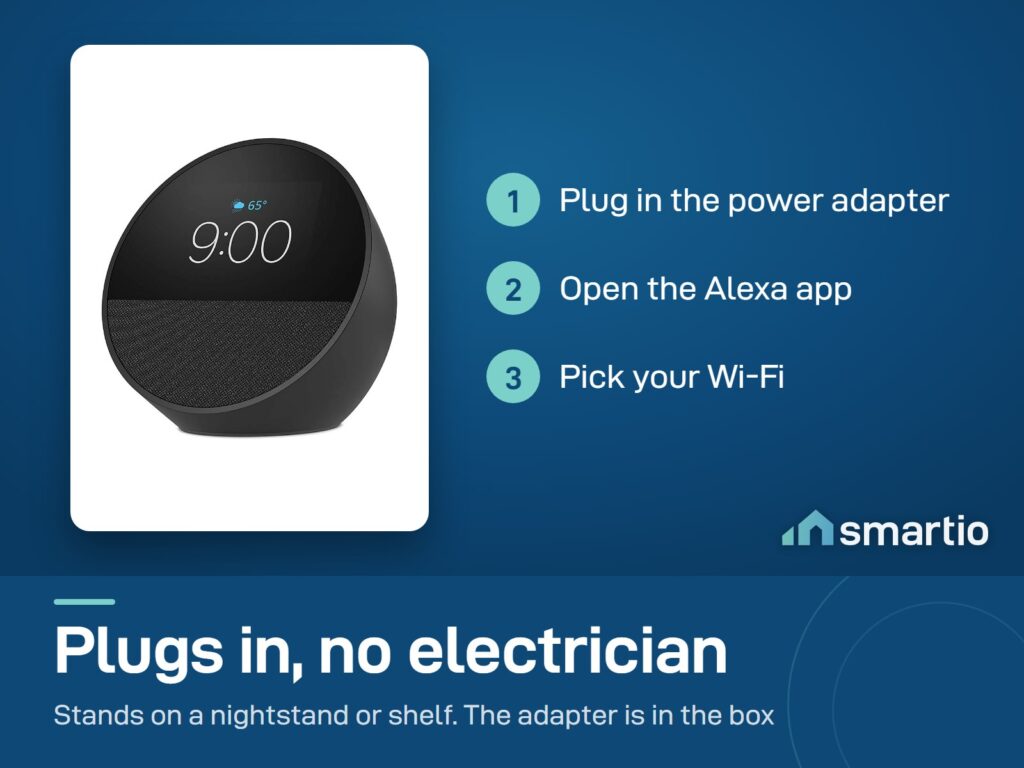 Amazon Echo Spot setup: plug in the power adapter, open the Alexa app, pick your Wi-Fi