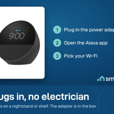 Amazon Echo Spot setup: plug in the power adapter, open the Alexa app, pick your Wi-Fi