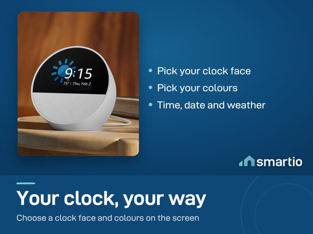 Amazon Echo Spot on a table showing the time, date and weather; you choose the clock face and colours