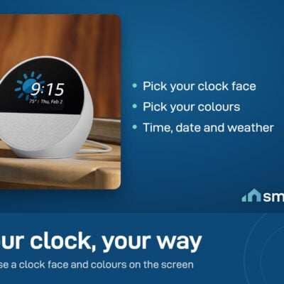 Amazon Echo Spot on a table showing the time, date and weather; you choose the clock face and colours