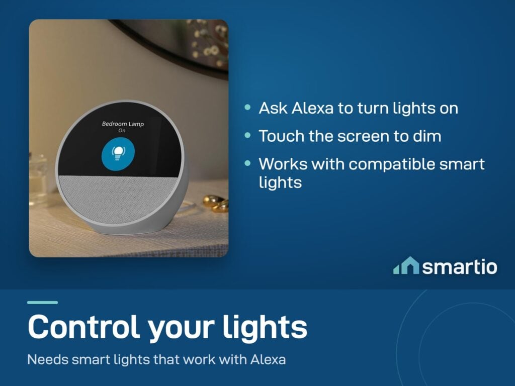 Amazon Echo Spot beside a bedside lamp, its screen showing Bedroom Lamp on; ask Alexa or touch to dim compatible lights