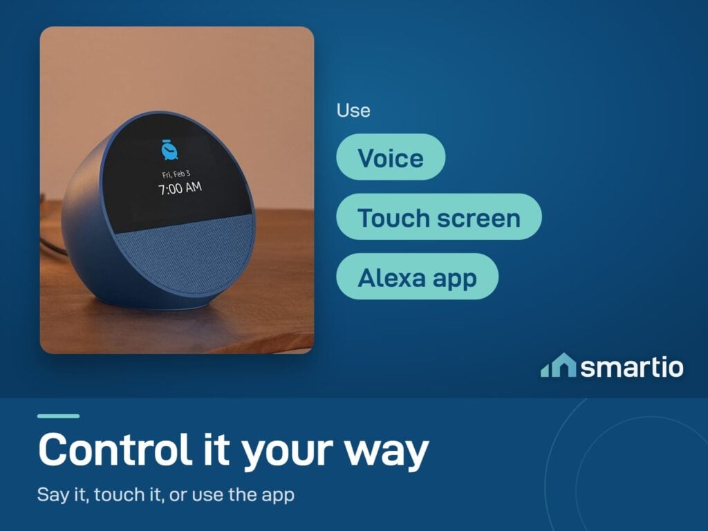 Amazon Echo Spot in blue showing an alarm on its screen; control it by voice, touch screen or the Alexa app