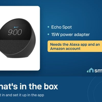 What's in the Amazon Echo Spot box: speaker and 15W power adapter. Needs the Alexa app and an Amazon account