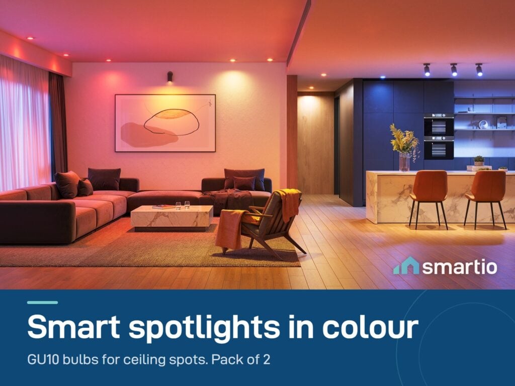 Govee GU10 smart bulbs lighting a living room in colour
