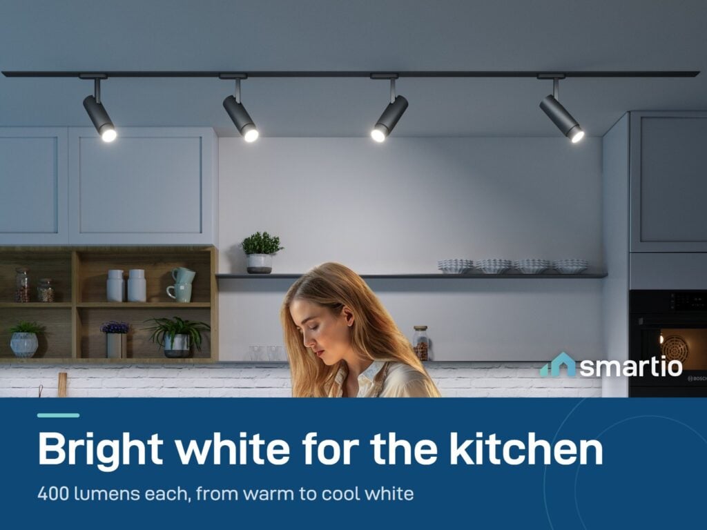 Govee GU10 smart bulbs giving white light in a kitchen