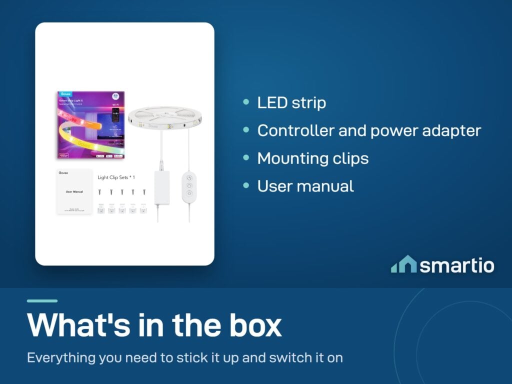 What's in the Govee RGBIC LED Strip Light box: strip, controller, power adapter, clips, manual