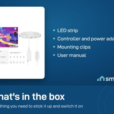 What's in the Govee RGBIC LED Strip Light box: strip, controller, power adapter, clips, manual