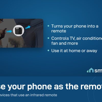 A man using his phone to control an air conditioner through a Broadlink RM4 mini