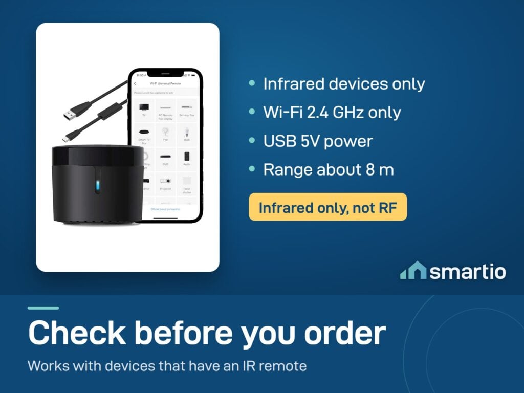 Broadlink RM4 mini controls infrared devices only, uses Wi-Fi 2.4 GHz and USB 5V power, range about 8 metres