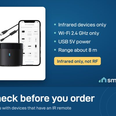 Broadlink RM4 mini controls infrared devices only, uses Wi-Fi 2.4 GHz and USB 5V power, range about 8 metres