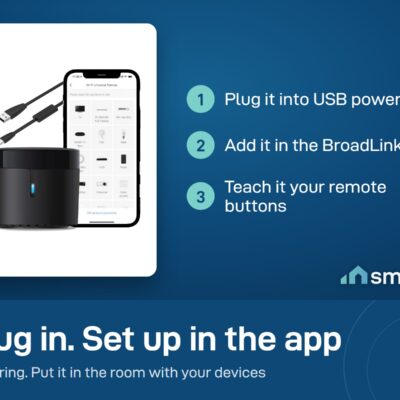 Broadlink RM4 mini setup: plug into USB power, add in the BroadLink app, teach it your remote buttons