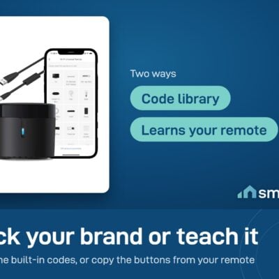 Broadlink RM4 mini has a library of remote codes and can learn buttons from your own remote