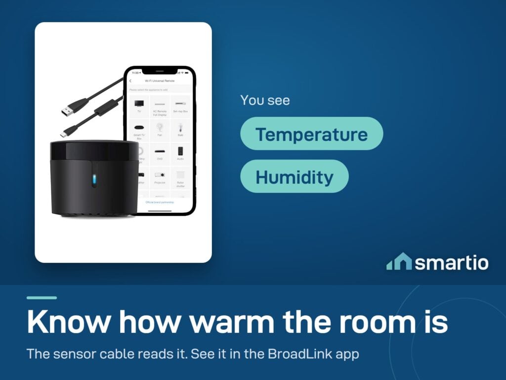 Broadlink RM4 mini with its temperature and humidity sensor cable, readings shown in the BroadLink app