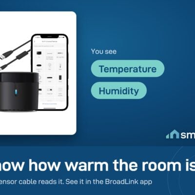 Broadlink RM4 mini with its temperature and humidity sensor cable, readings shown in the BroadLink app