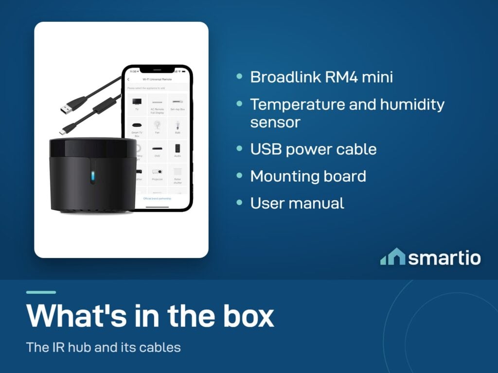 What's in the Broadlink RM4 mini box: IR hub, temperature and humidity sensor, USB cable, mounting board, manual