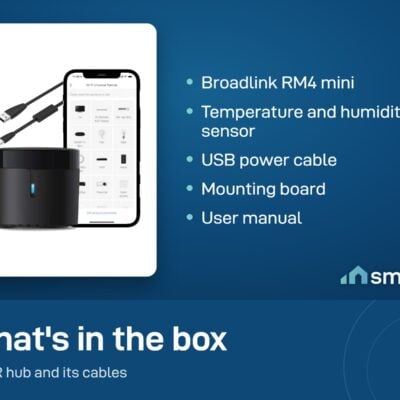 What's in the Broadlink RM4 mini box: IR hub, temperature and humidity sensor, USB cable, mounting board, manual