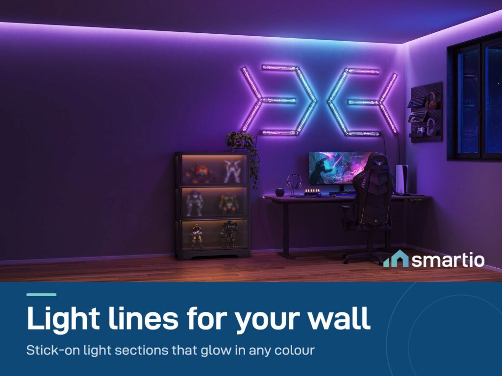 Govee Gaming Wall Light sections glowing purple on the wall of a gaming room