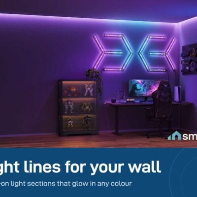 Govee Gaming Wall Light sections glowing purple on the wall of a gaming room