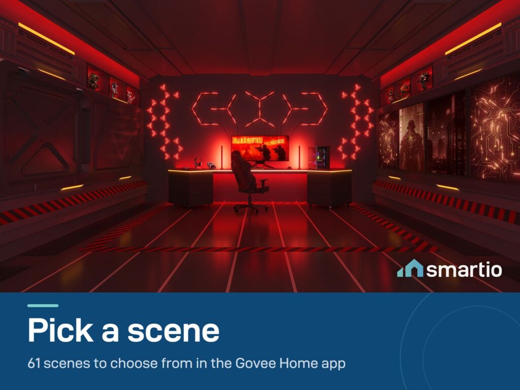 Govee Gaming Wall Light lighting a gaming room in red with a scene from the Govee Home app