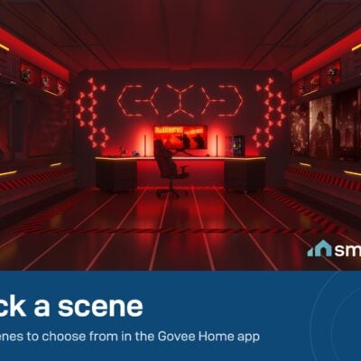 Govee Gaming Wall Light lighting a gaming room in red with a scene from the Govee Home app
