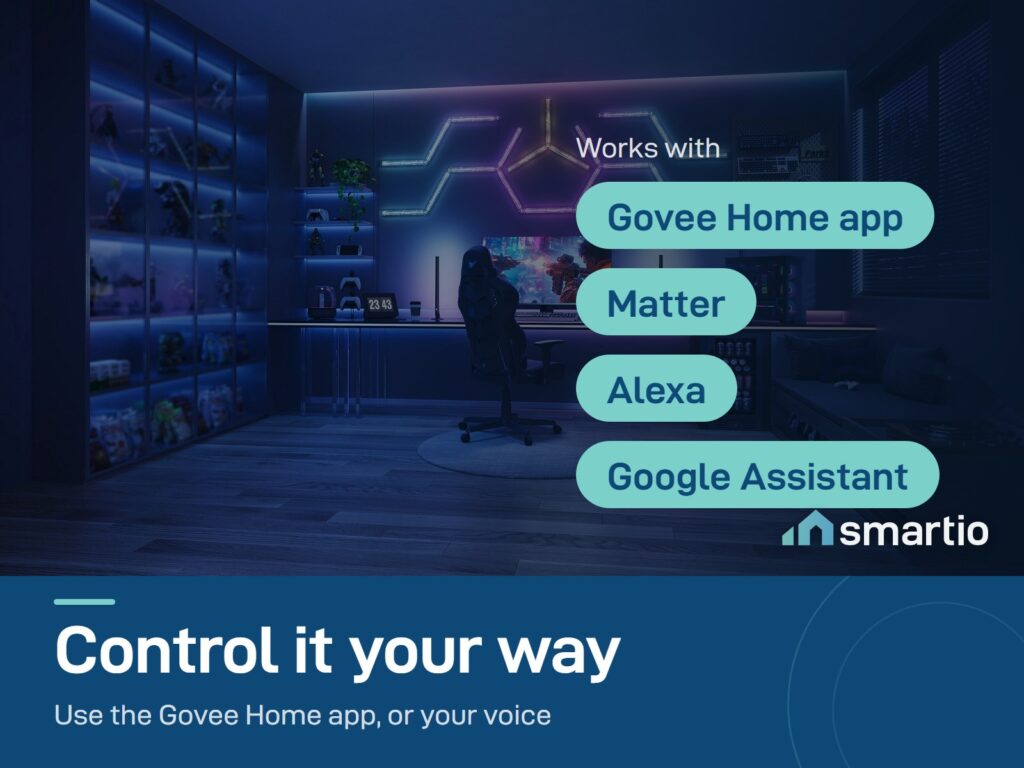 Govee Gaming Wall Light in a blue gaming room; works with the Govee Home app, Matter, Alexa and Google Assistant