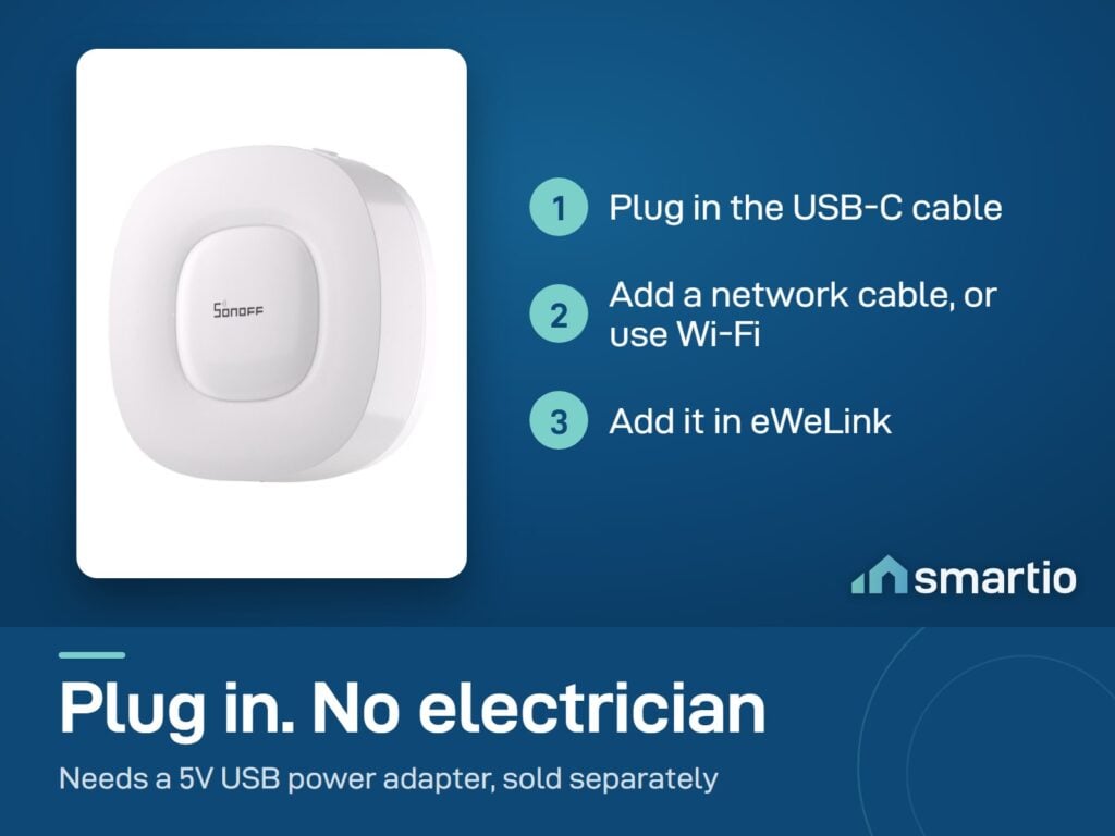 Sonoff Zigbee Bridge Ultra setup: plug in USB-C, add a network cable or use Wi-Fi, add it in eWeLink