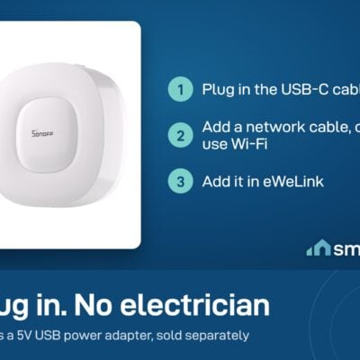 Sonoff Zigbee Bridge Ultra setup: plug in USB-C, add a network cable or use Wi-Fi, add it in eWeLink