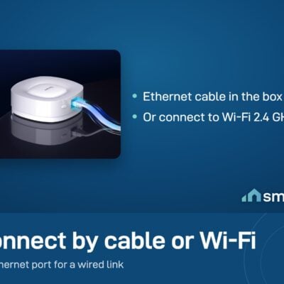Sonoff Zigbee Bridge Ultra with an Ethernet cable plugged in; it can also use Wi-Fi 2.4 GHz