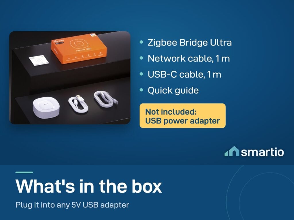 What's in the Sonoff Zigbee Bridge Ultra box: bridge, network cable, USB-C cable, quick guide. USB power adapter not included