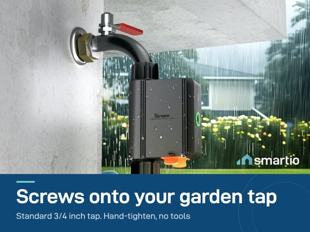 Sonoff Zigbee water valve fitted on an outdoor tap