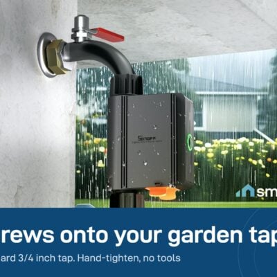 Sonoff Zigbee water valve fitted on an outdoor tap