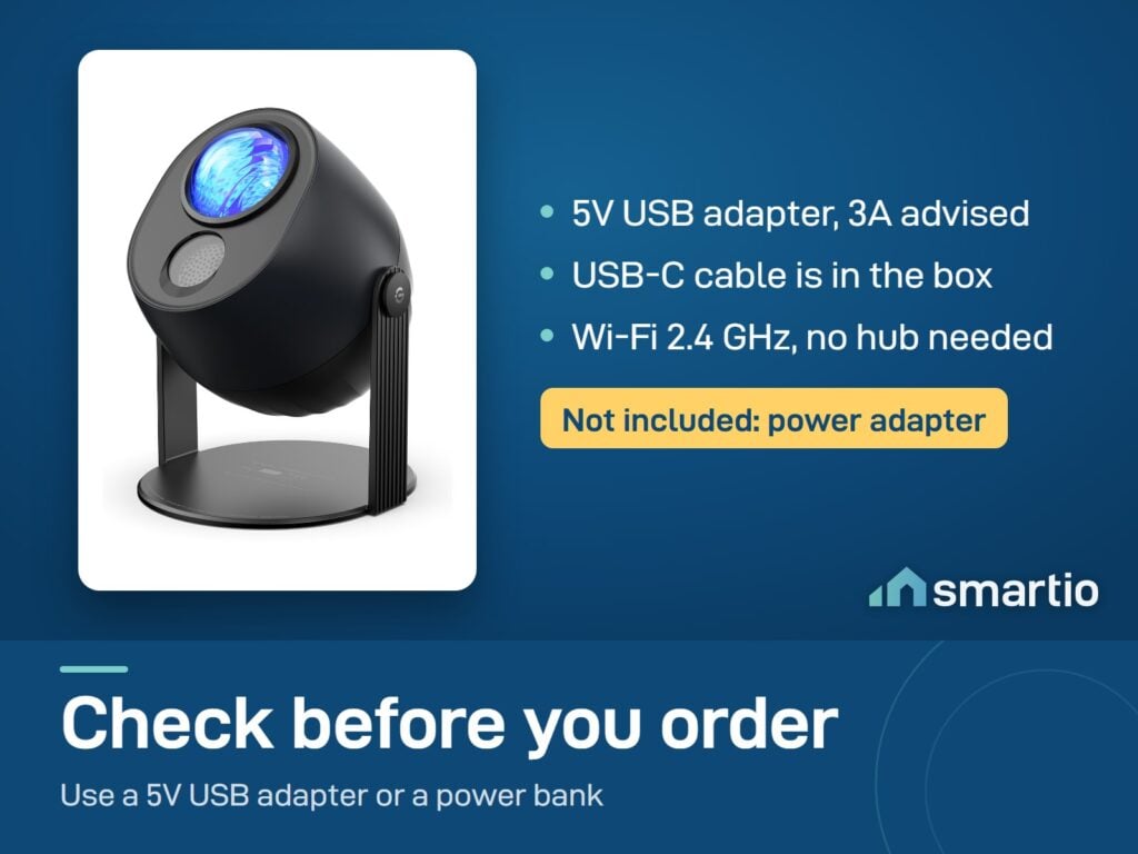 Govee Star Light Projector needs a 5V USB power adapter, not included; USB-C cable in the box, Wi-Fi 2.4 GHz