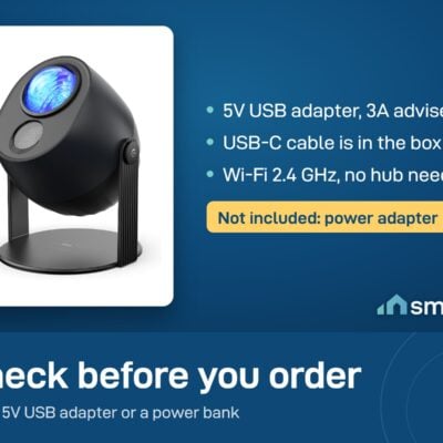 Govee Star Light Projector needs a 5V USB power adapter, not included; USB-C cable in the box, Wi-Fi 2.4 GHz
