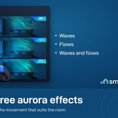 Govee Star Light Projector three aurora effects on a bedroom wall: waves, flows, and waves and flows