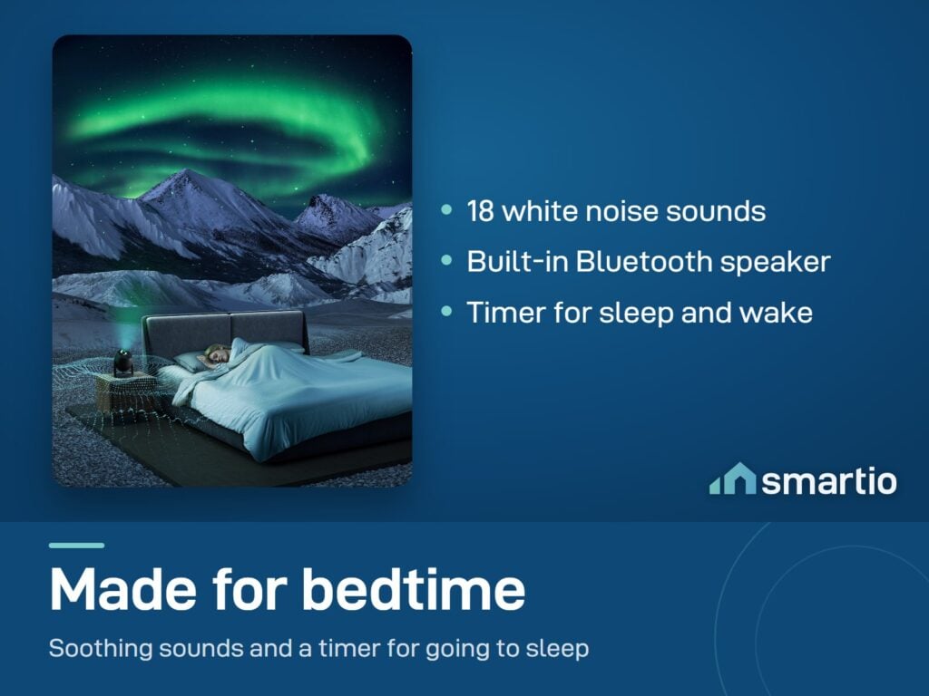 Govee Star Light Projector on a bedside table with green aurora over a bed; 18 white noise sounds and a Bluetooth speaker