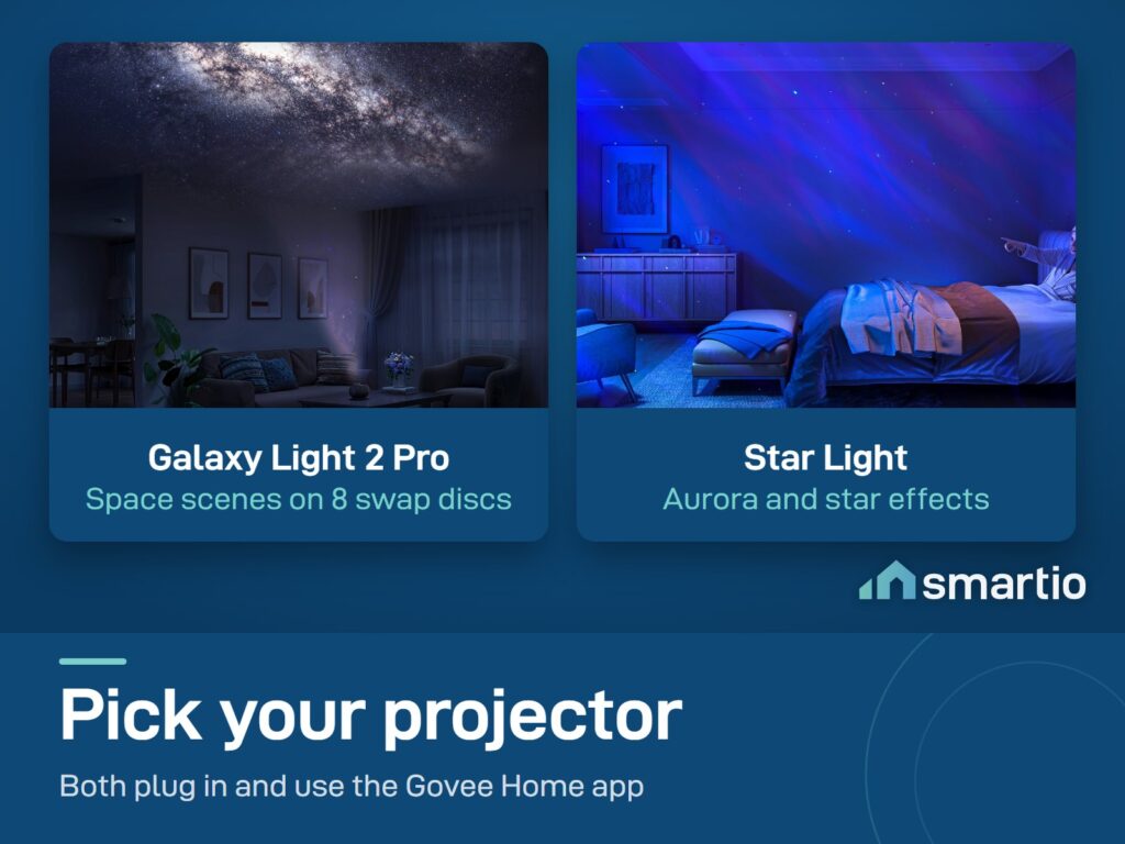 Govee Star Light Projector with aurora effects next to the Govee Galaxy Light Projector 2 Pro with 8 swap discs