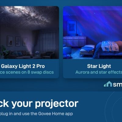 Govee Star Light Projector with aurora effects next to the Govee Galaxy Light Projector 2 Pro with 8 swap discs