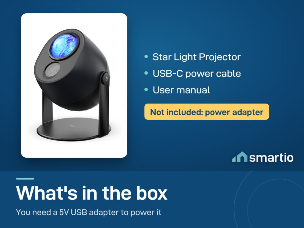 What's in the Govee Star Light Projector box: projector, USB-C cable, manual. The power adapter is not included