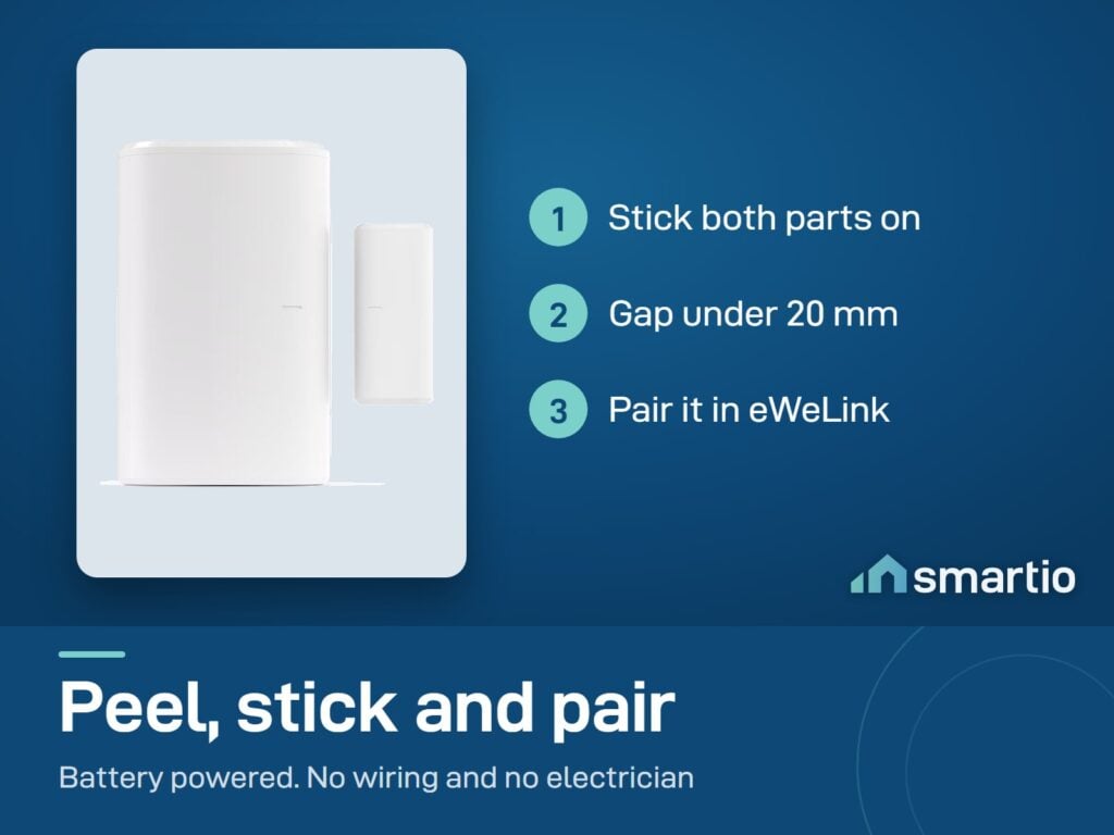 Sonoff SNZB-04P door and window sensor setup: stick both parts on with a gap under 20 mm, pair in eWeLink