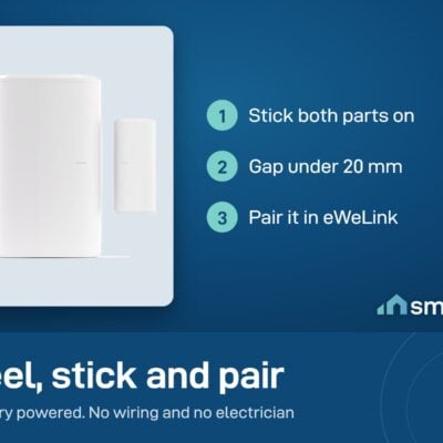 Sonoff SNZB-04P door and window sensor setup: stick both parts on with a gap under 20 mm, pair in eWeLink