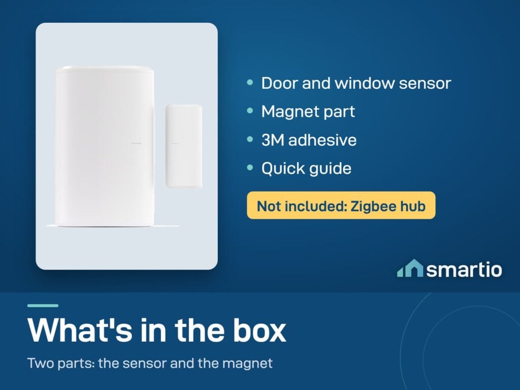 What's in the Sonoff SNZB-04P box: sensor, magnet part, 3M adhesive, quick guide. Zigbee hub not included
