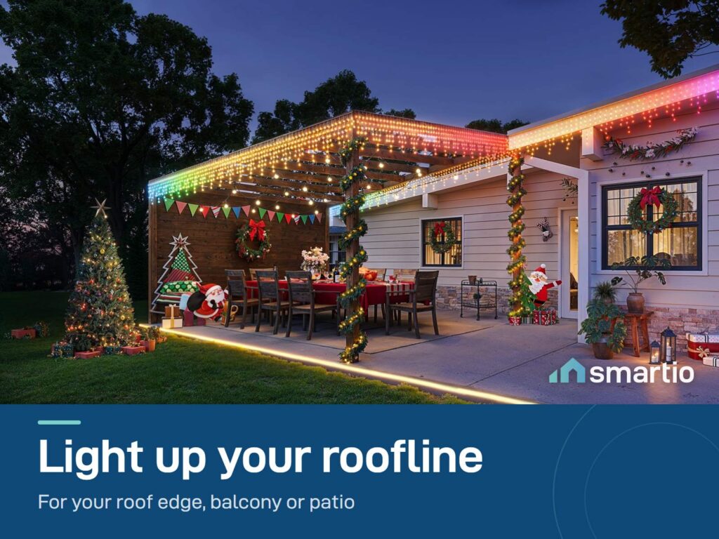 Govee Icicle Lights glowing in rainbow colours along a patio roofline at dusk