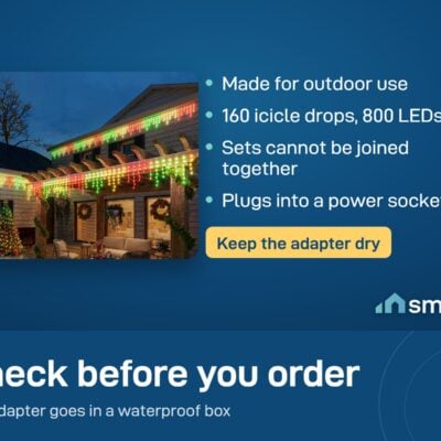 Govee Icicle Lights along a pergola roofline: outdoor use, 160 drops, 800 LEDs, sets cannot be joined, adapter must stay dry