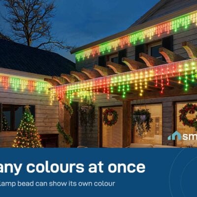 Govee Icicle Lights in green, red and yellow along the roof of a patio pergola
