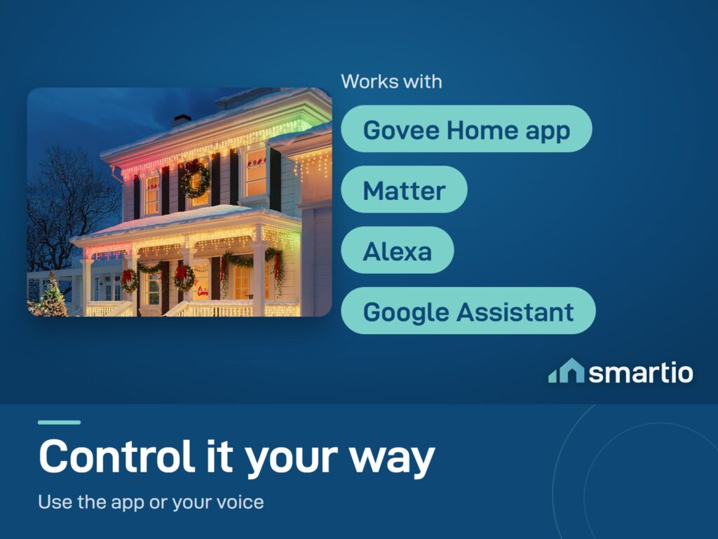 Govee Icicle Lights in blue and pink on a house front; works with Govee Home, Matter, Alexa and Google Assistant