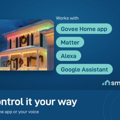 Govee Icicle Lights in blue and pink on a house front; works with Govee Home, Matter, Alexa and Google Assistant
