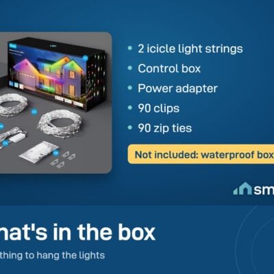 What is in the Govee Icicle Lights box: 2 icicle strings, control box, power adapter, 90 clips, 90 zip ties