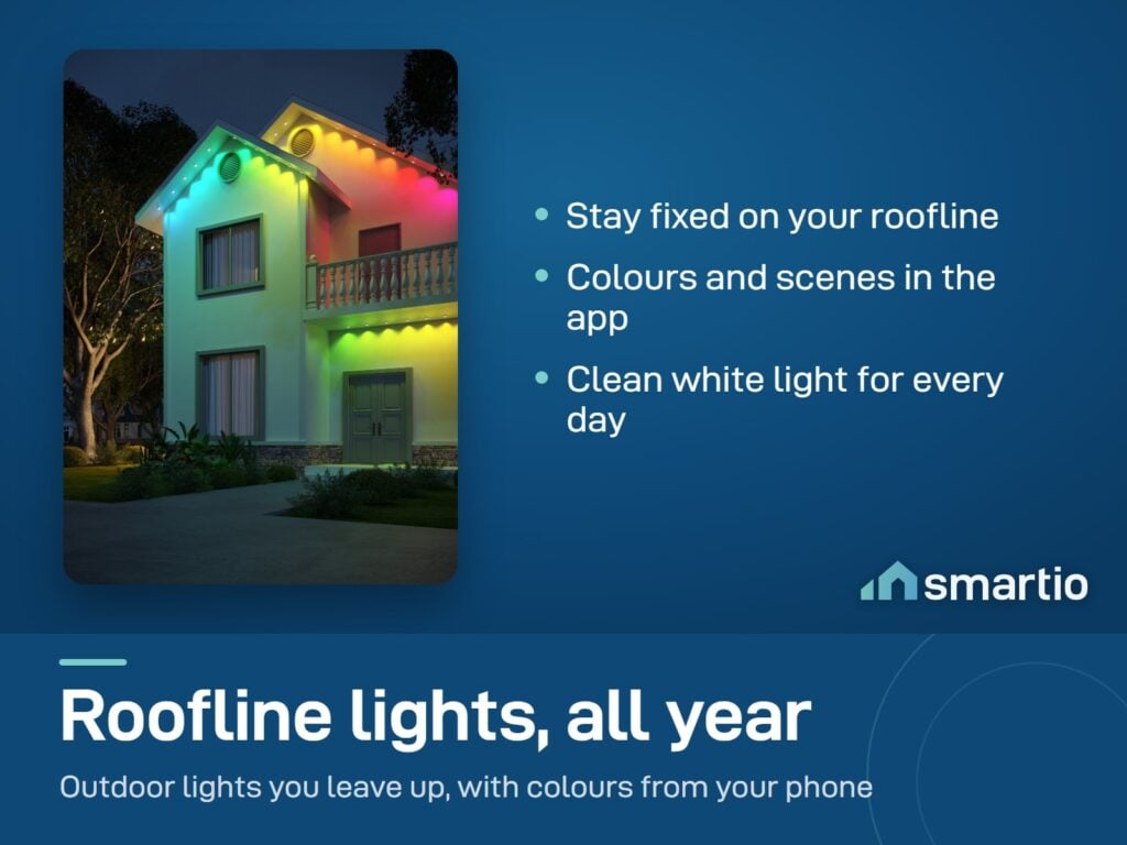 Govee Permanent Outdoor Lights 2 lighting the roofline of a house at night in green, blue and pink