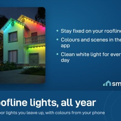 Govee Permanent Outdoor Lights 2 lighting the roofline of a house at night in green, blue and pink